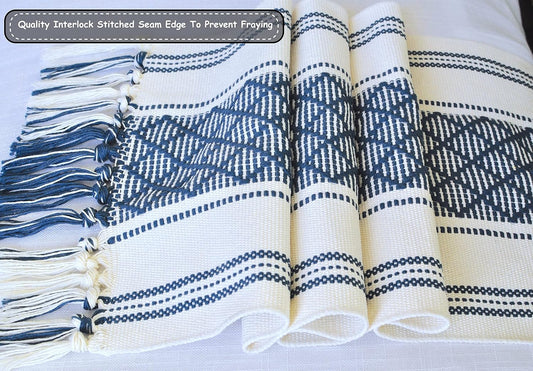 Boho Table Runner with Tassel 16 x 72 Inches, Blue & Cream, Woven Washable Dresser Scarf and Topper for Bedroom, Farmhouse Entry / Console Table Cover with Fringe.