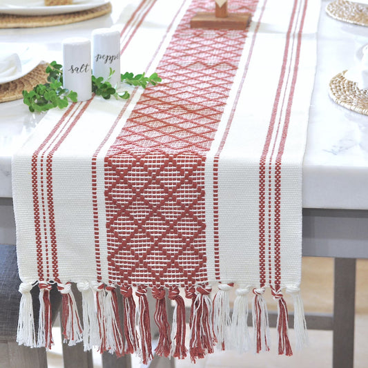 Boho Dining Table Runner with Tassels 16 x 72 Inches, Rust Brown and Cream | Boho Dresser Scarf / Farmhouse Cotton Woven Console Table or Buffet Top Cover