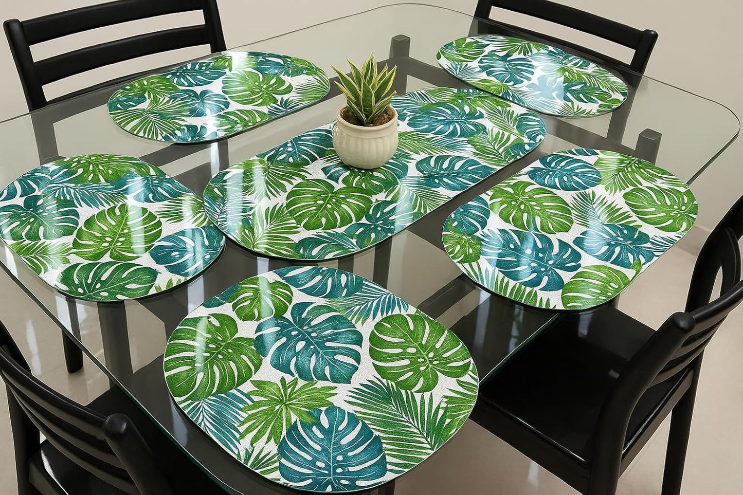 Table Mats Set of 6 with Table Runner - Non Slip, Heat Resistant, Jute Cotton Blend for Dining Room Decor (Green Leaf)