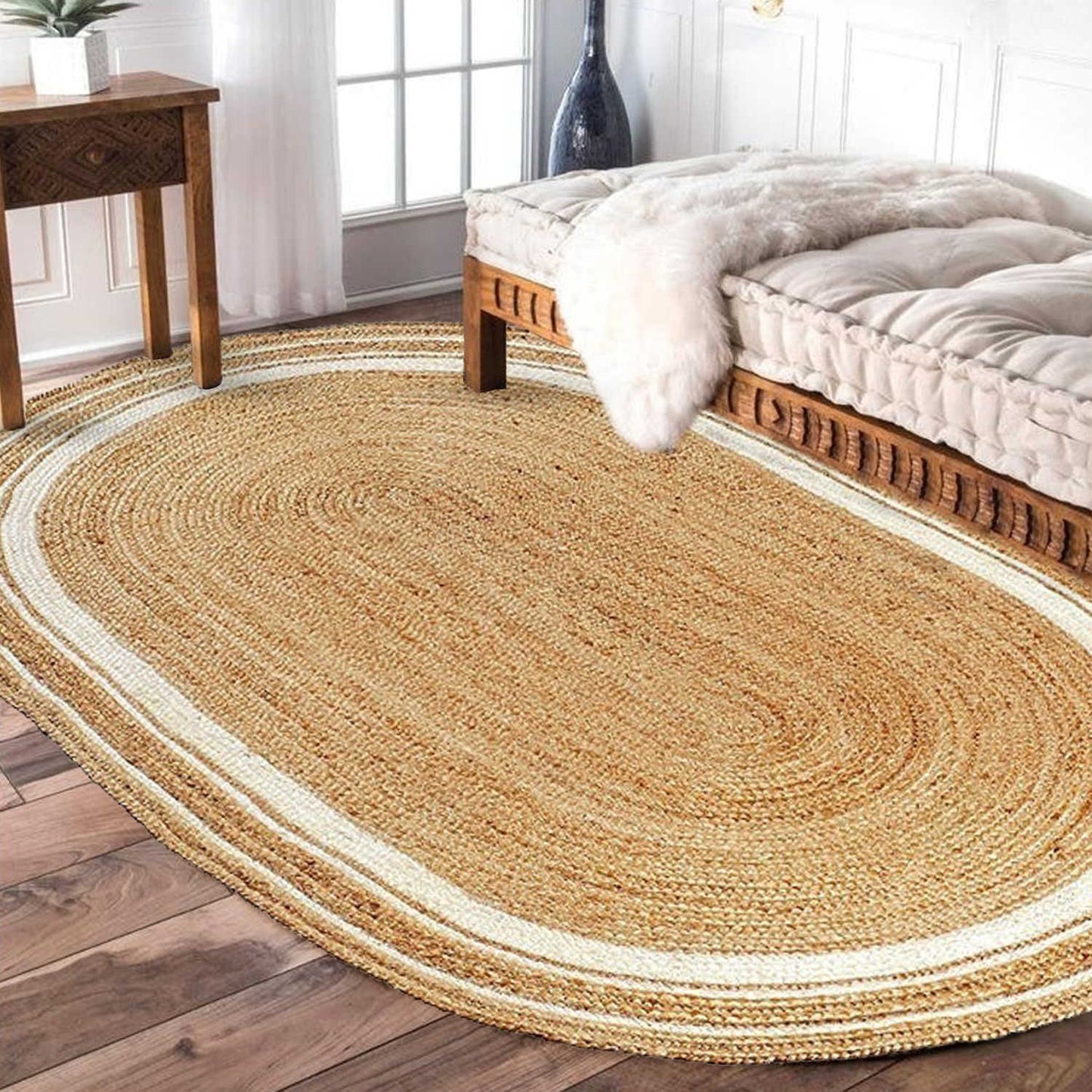 PATEL FABRICS: Natural Oval Shape Jute Runner Rug for Living Room 2X3 Feet