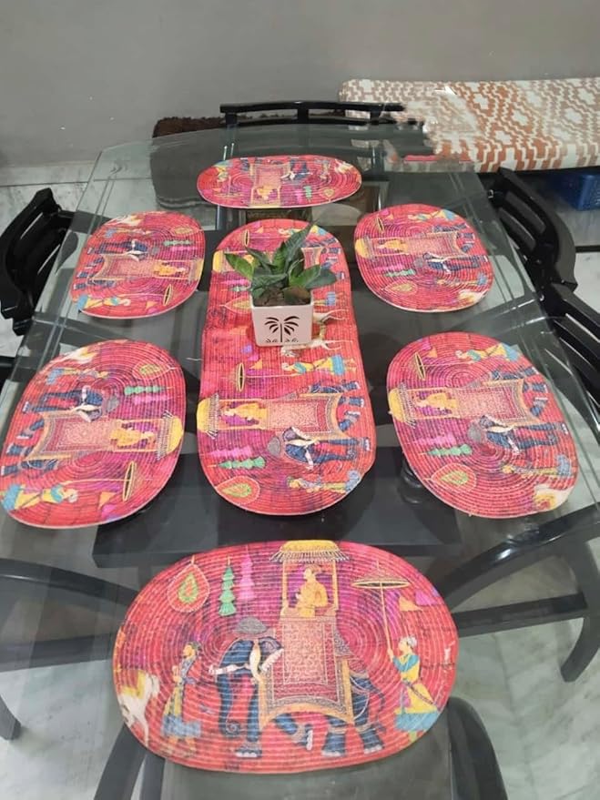 Table Mats Set of 6 with Table Runner - Non Slip, Heat Resistant, Jute Cotton Blend for Dining Room Decor (red Elephant)