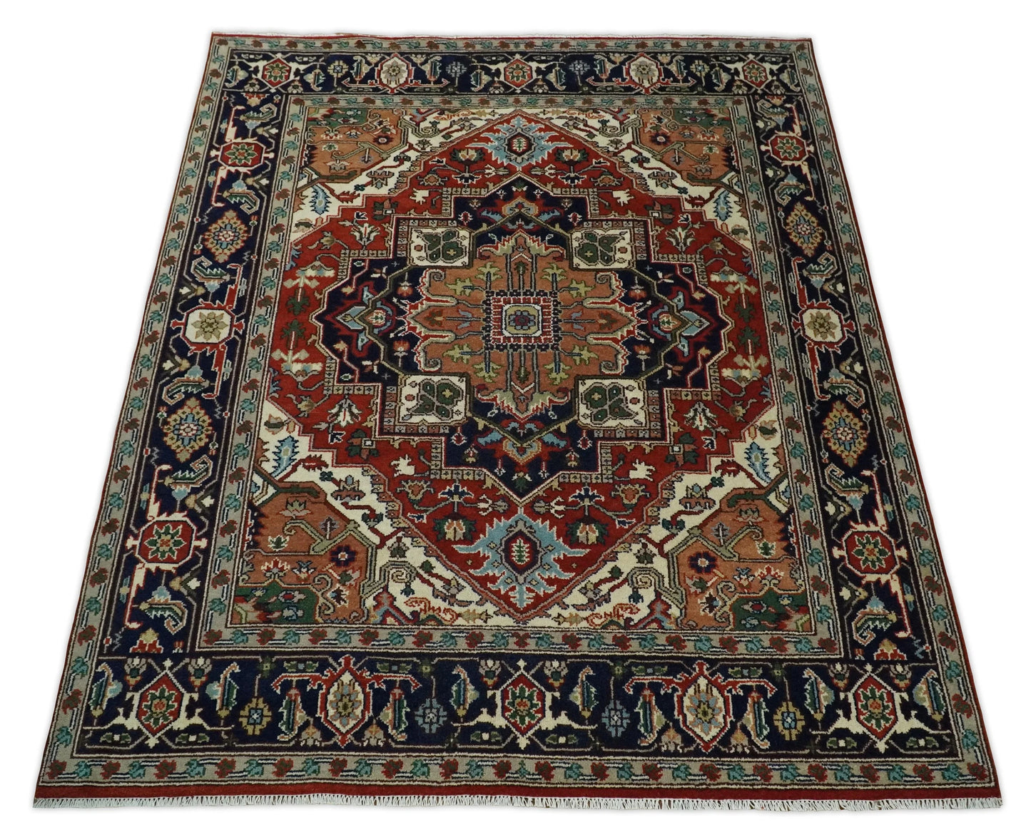 Rust and Blue Traditional Hand Knotted Printed Rug, Living Room, Bedroom and Dinning Rug