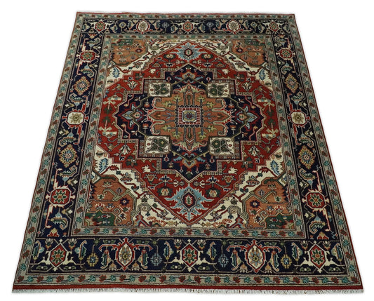 Rust and Blue Traditional Hand Knotted Printed Rug, Living Room, Bedroom and Dinning Rug