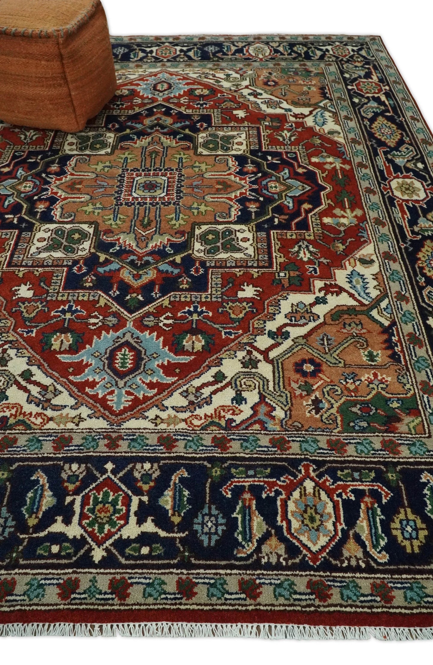 Rust and Blue Traditional Hand Knotted Printed Rug, Living Room, Bedroom and Dinning Rug