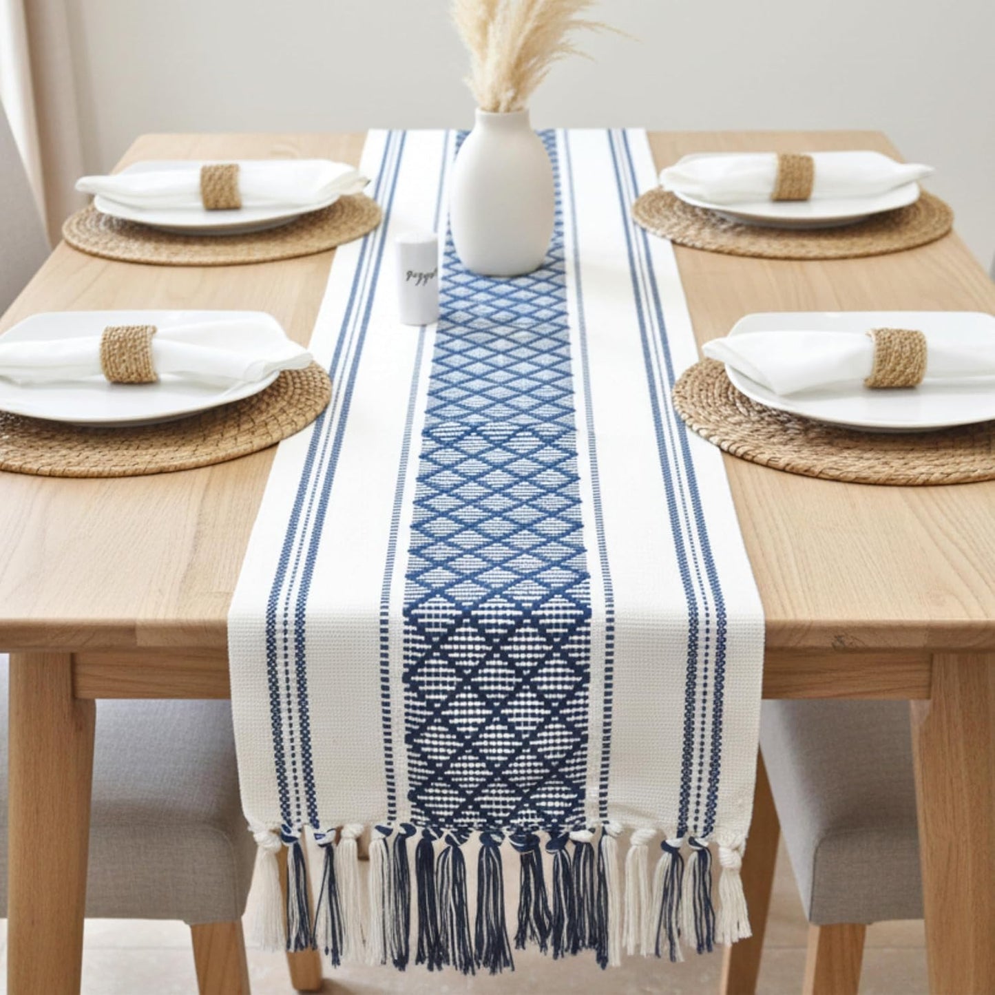 Boho Table Runner with Tassel 16 x 72 Inches, Blue & Cream, Woven Washable Dresser Scarf and Topper for Bedroom, Farmhouse Entry / Console Table Cover with Fringe.