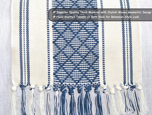 Boho Table Runner with Tassel 16 x 72 Inches, Blue & Cream, Woven Washable Dresser Scarf and Topper for Bedroom, Farmhouse Entry / Console Table Cover with Fringe.