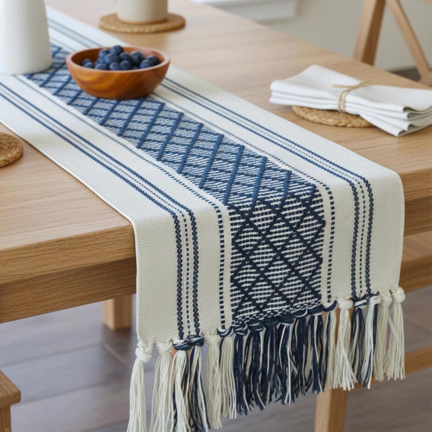 Boho Table Runner with Tassel 16 x 72 Inches, Blue & Cream, Woven Washable Dresser Scarf and Topper for Bedroom, Farmhouse Entry / Console Table Cover with Fringe.