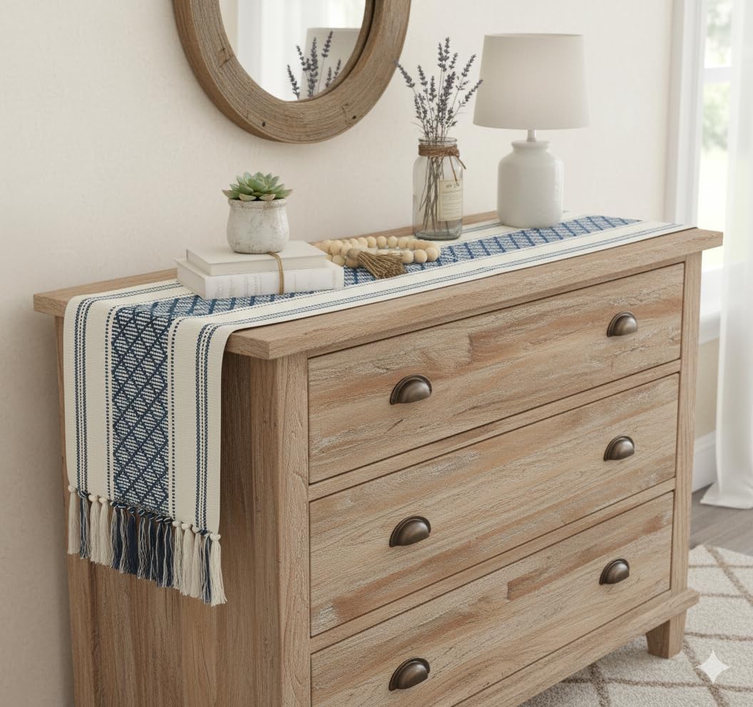 Boho Table Runner with Tassel 16 x 72 Inches, Blue & Cream, Woven Washable Dresser Scarf and Topper for Bedroom, Farmhouse Entry / Console Table Cover with Fringe.