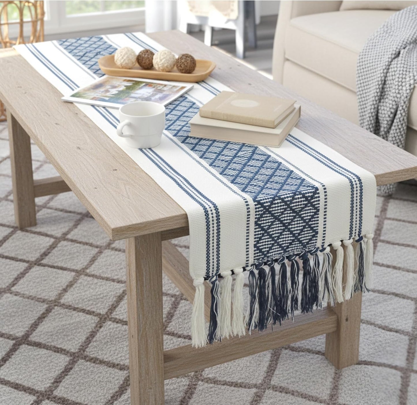 Boho Table Runner with Tassel 16 x 72 Inches, Blue & Cream, Woven Washable Dresser Scarf and Topper for Bedroom, Farmhouse Entry / Console Table Cover with Fringe.