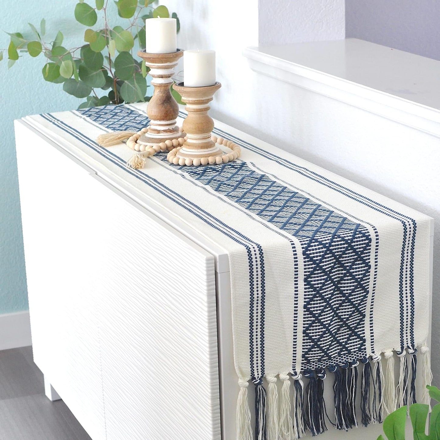 Boho Table Runner with Tassel 16 x 72 Inches, Blue & Cream, Woven Washable Dresser Scarf and Topper for Bedroom, Farmhouse Entry / Console Table Cover with Fringe.