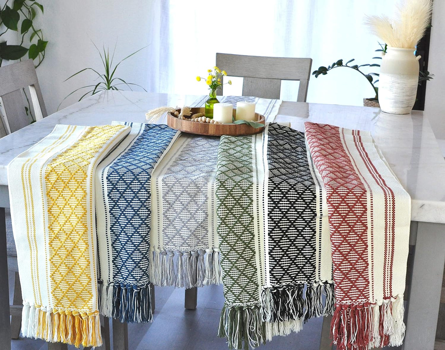 Boho Table Runner with Tassel 16 x 72 Inches, Blue & Cream, Woven Washable Dresser Scarf and Topper for Bedroom, Farmhouse Entry / Console Table Cover with Fringe.