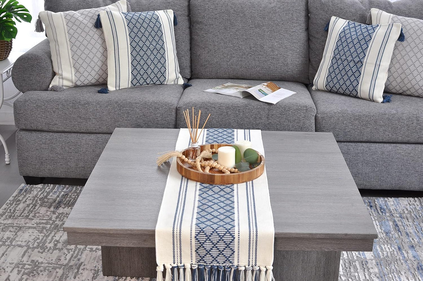 Boho Table Runner with Tassel 16 x 72 Inches, Blue & Cream, Woven Washable Dresser Scarf and Topper for Bedroom, Farmhouse Entry / Console Table Cover with Fringe.