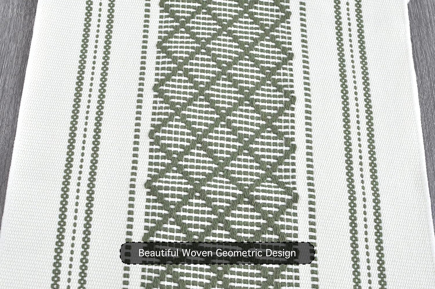 Boho Dining Table Runner with Fringe 16 x72 Inches, Olive Green & Cream Checkered Pattern / Woven Washable Dresser Scarf for Bedroom, Farmhouse Console Tabletop Centerpiece Geometric Design Decor