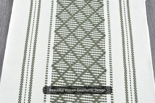 Boho Dining Table Runner with Fringe 16 x72 Inches, Olive Green & Cream Checkered Pattern / Woven Washable Dresser Scarf for Bedroom, Farmhouse Console Tabletop Centerpiece Geometric Design Decor