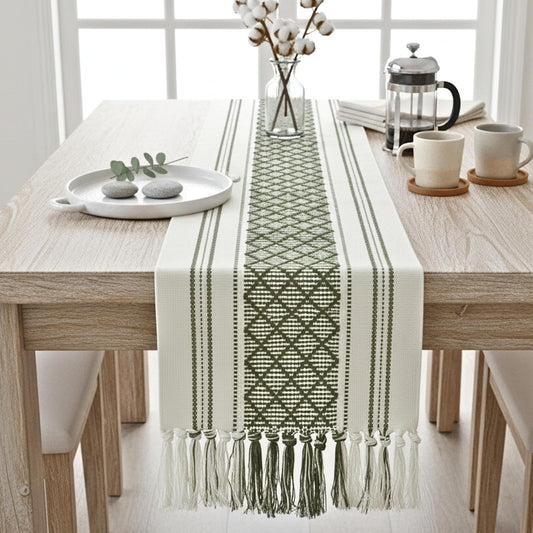 Boho Dining Table Runner with Fringe 16 x72 Inches, Olive Green & Cream Checkered Pattern / Woven Washable Dresser Scarf for Bedroom, Farmhouse Console Tabletop Centerpiece Geometric Design Decor