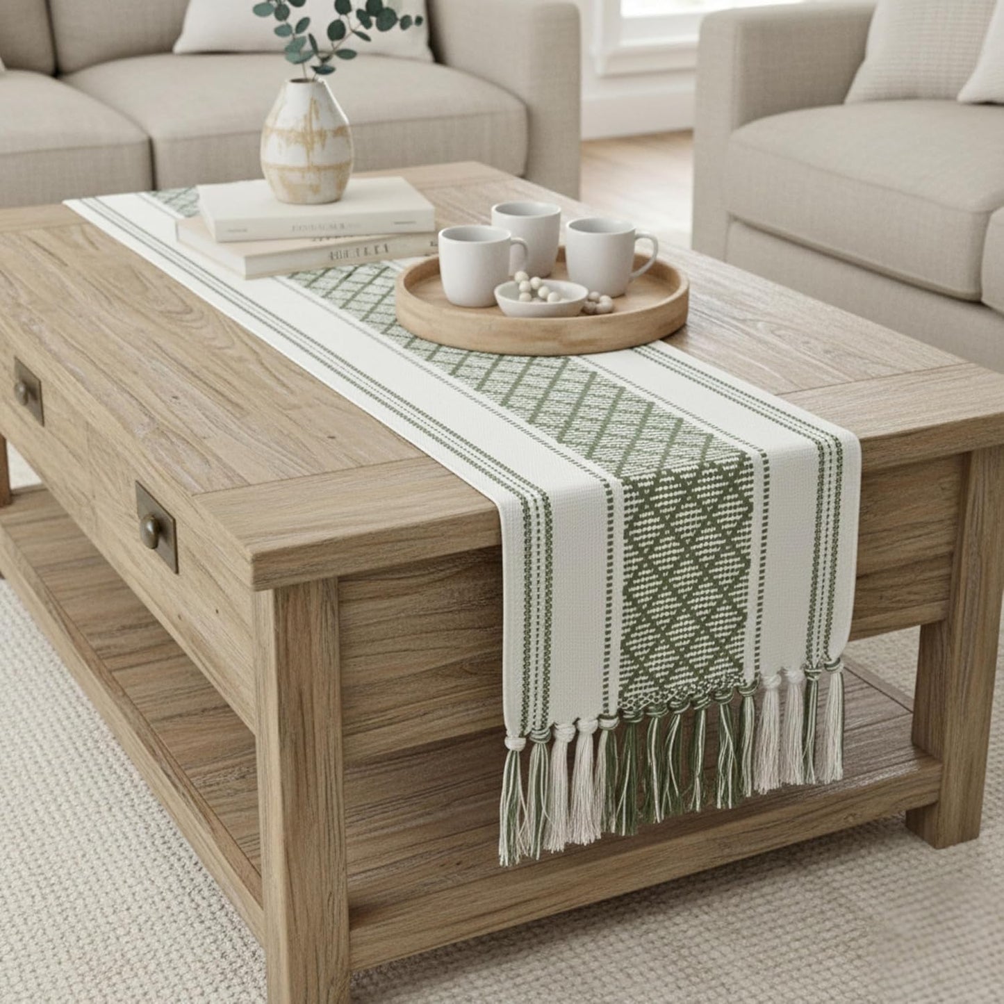 Boho Dining Table Runner with Fringe 16 x72 Inches, Olive Green & Cream Checkered Pattern / Woven Washable Dresser Scarf for Bedroom, Farmhouse Console Tabletop Centerpiece Geometric Design Decor