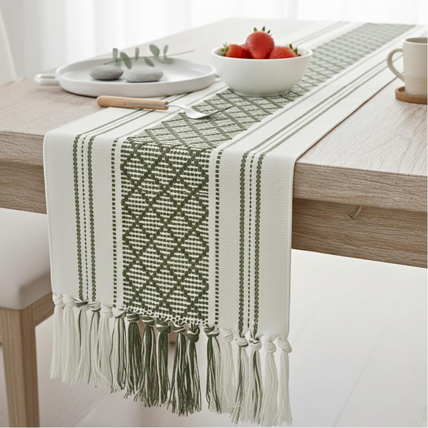 Boho Dining Table Runner with Fringe 16 x72 Inches, Olive Green & Cream Checkered Pattern / Woven Washable Dresser Scarf for Bedroom, Farmhouse Console Tabletop Centerpiece Geometric Design Decor
