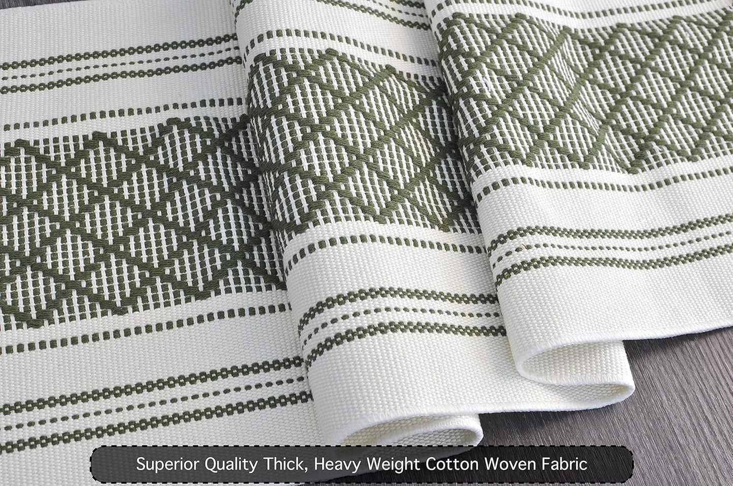 Boho Dining Table Runner with Fringe 16 x72 Inches, Olive Green & Cream Checkered Pattern / Woven Washable Dresser Scarf for Bedroom, Farmhouse Console Tabletop Centerpiece Geometric Design Decor