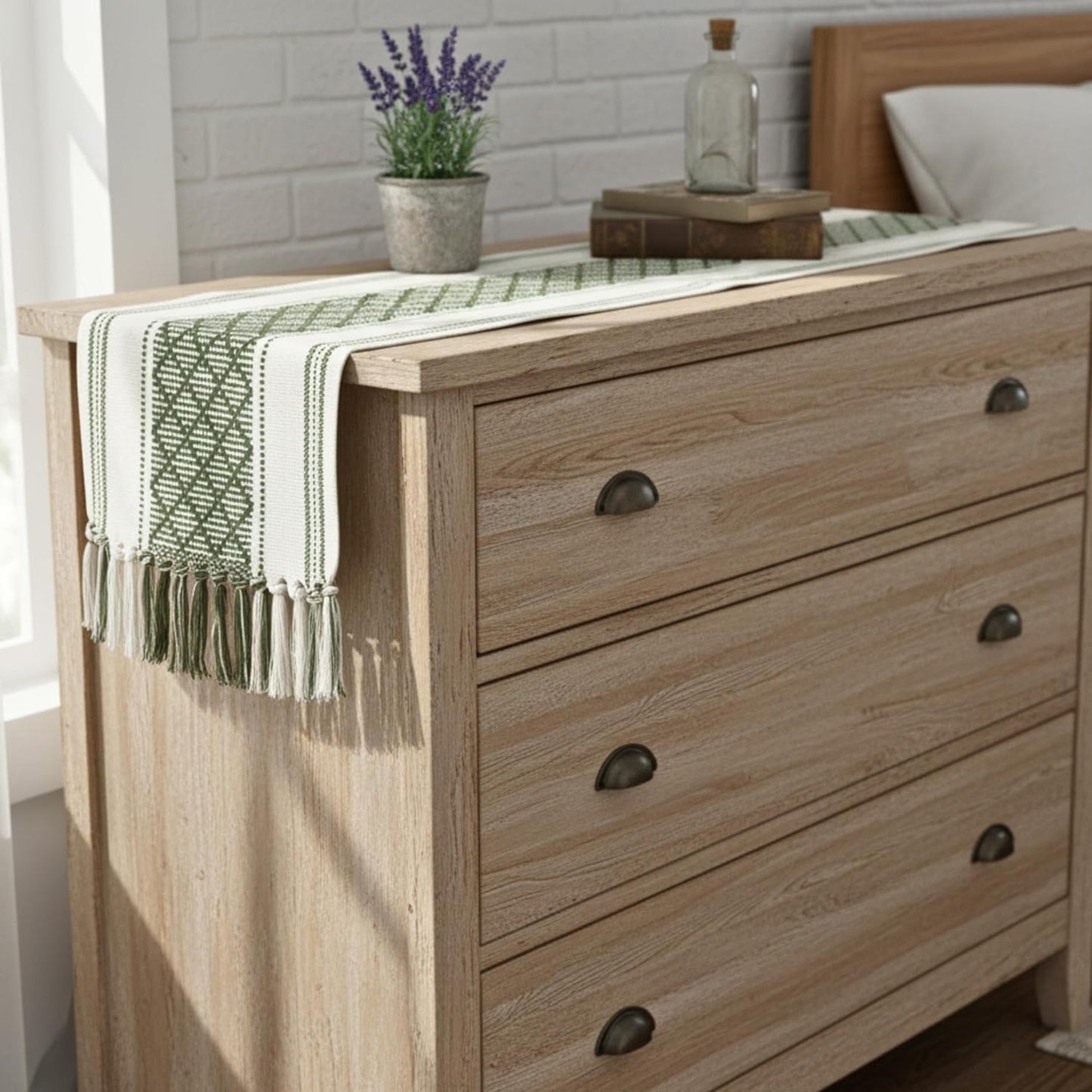 Boho Dining Table Runner with Fringe 16 x72 Inches, Olive Green & Cream Checkered Pattern / Woven Washable Dresser Scarf for Bedroom, Farmhouse Console Tabletop Centerpiece Geometric Design Decor