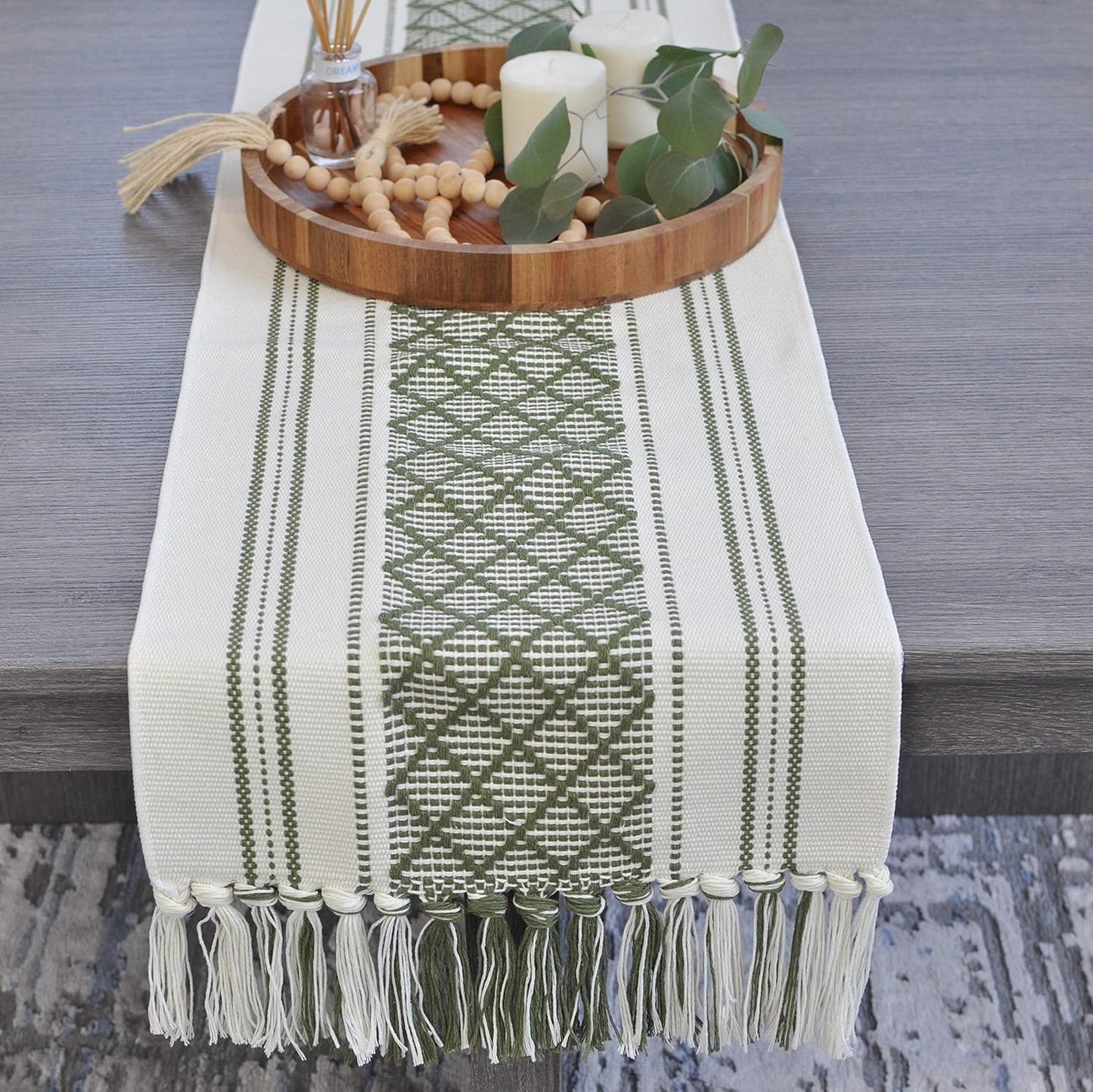 Boho Dining Table Runner with Fringe 16 x72 Inches, Olive Green & Cream Checkered Pattern / Woven Washable Dresser Scarf for Bedroom, Farmhouse Console Tabletop Centerpiece Geometric Design Decor