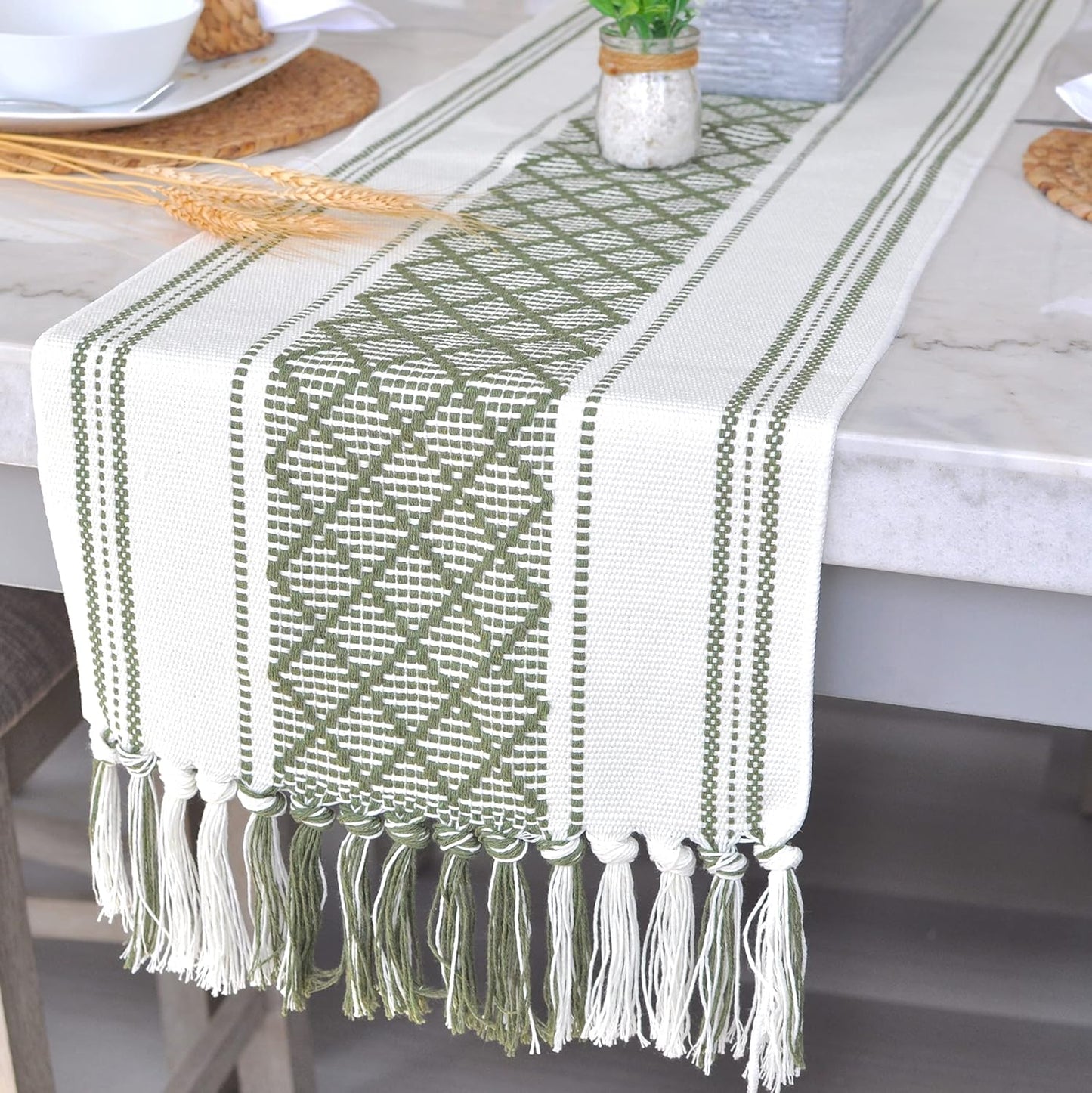 Boho Dining Table Runner with Fringe 16 x72 Inches, Olive Green & Cream Checkered Pattern / Woven Washable Dresser Scarf for Bedroom, Farmhouse Console Tabletop Centerpiece Geometric Design Decor