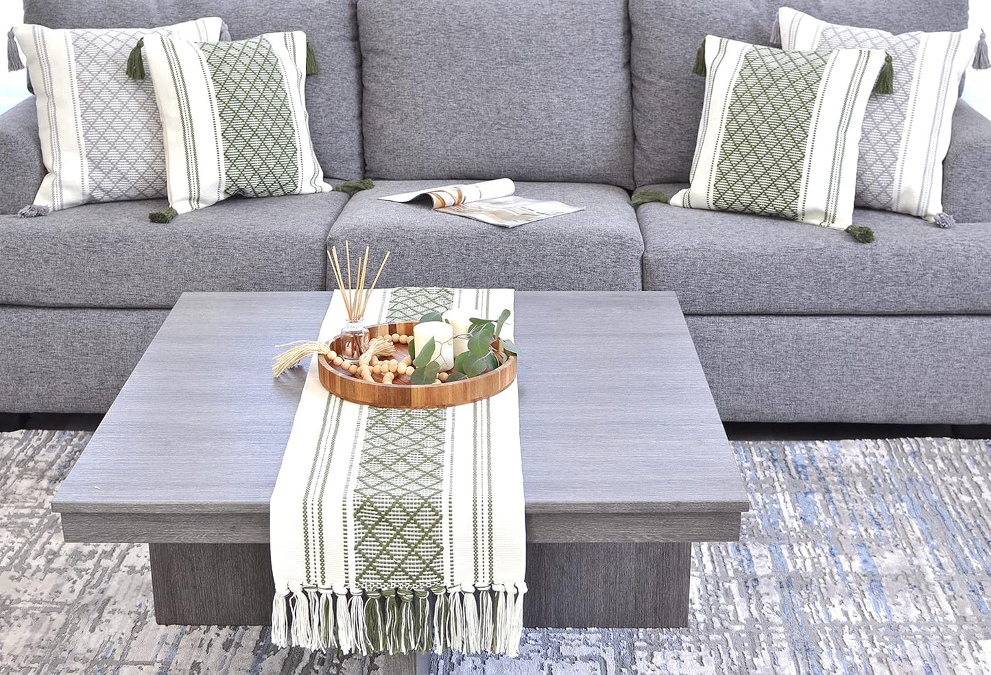 Boho Dining Table Runner with Fringe 16 x72 Inches, Olive Green & Cream Checkered Pattern / Woven Washable Dresser Scarf for Bedroom, Farmhouse Console Tabletop Centerpiece Geometric Design Decor