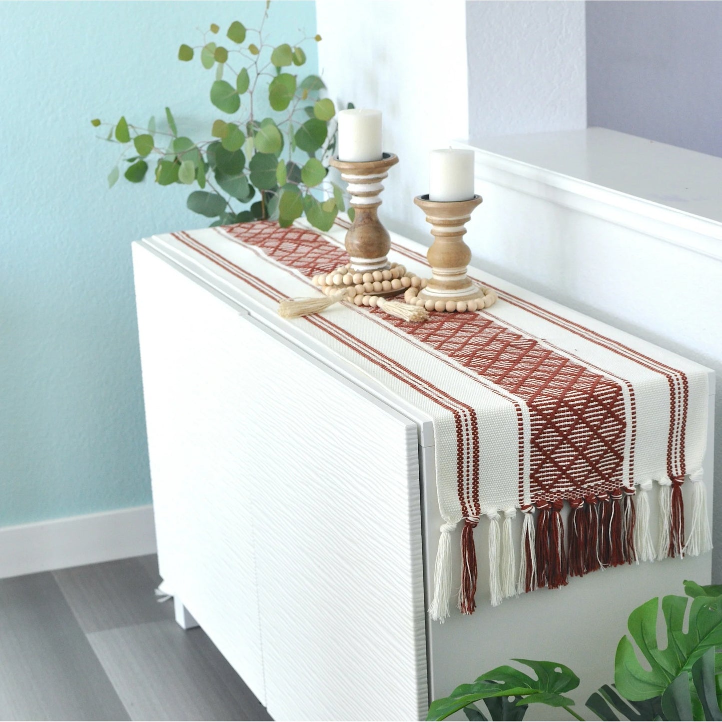 Boho Dining Table Runner with Tassels 16 x 72 Inches, Rust Brown and Cream | Boho Dresser Scarf / Farmhouse Cotton Woven Console Table or Buffet Top Cover