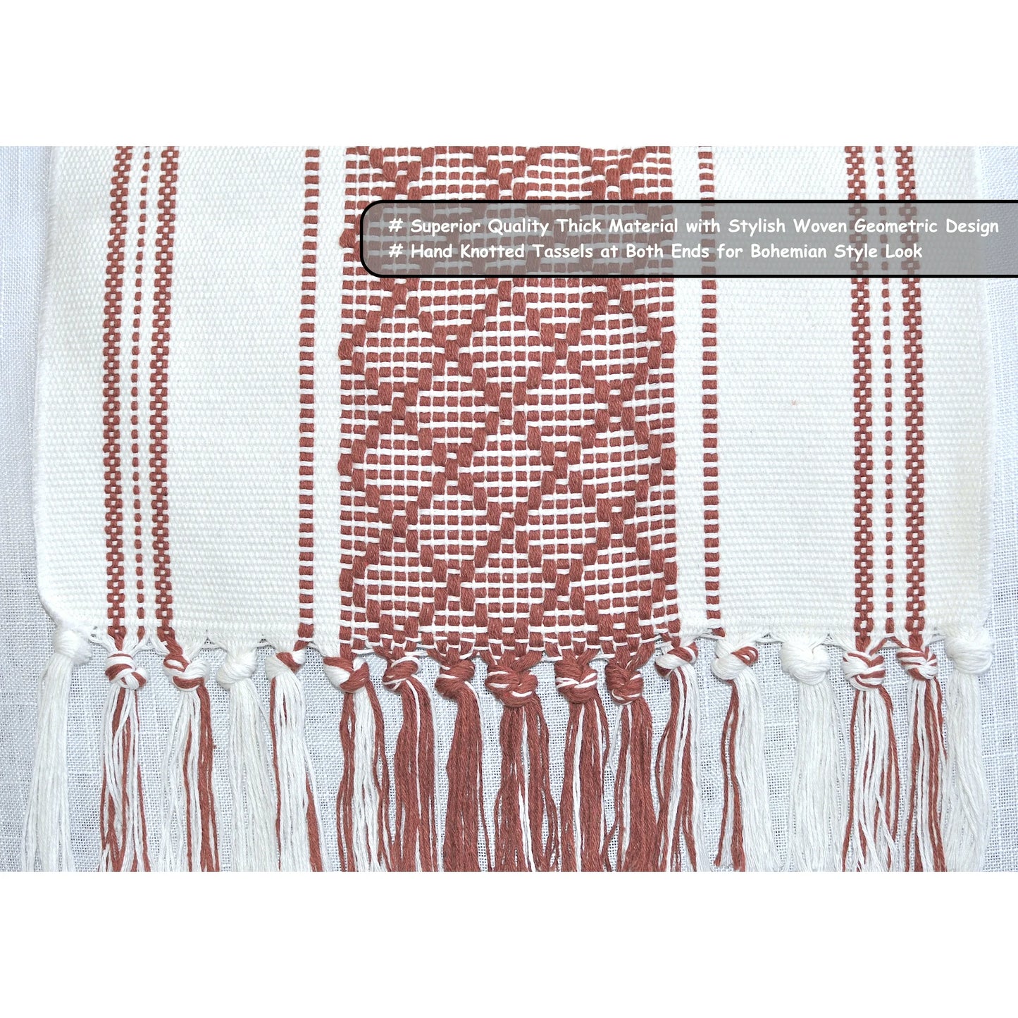 Boho Dining Table Runner with Tassels 16 x 72 Inches, Rust Brown and Cream | Boho Dresser Scarf / Farmhouse Cotton Woven Console Table or Buffet Top Cover