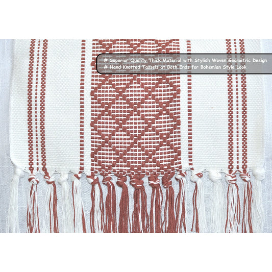 Boho Dining Table Runner with Tassels 16 x 72 Inches, Rust Brown and Cream | Boho Dresser Scarf / Farmhouse Cotton Woven Console Table or Buffet Top Cover