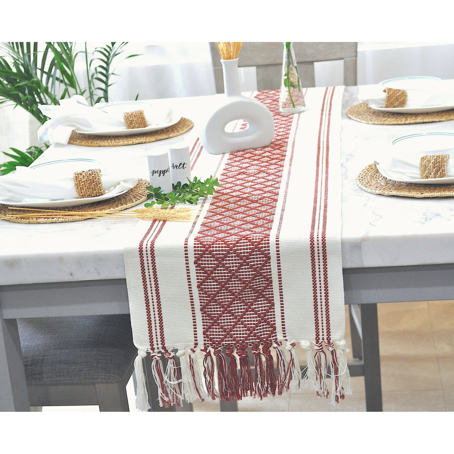 Boho Dining Table Runner with Tassels 16 x 72 Inches, Rust Brown and Cream | Boho Dresser Scarf / Farmhouse Cotton Woven Console Table or Buffet Top Cover