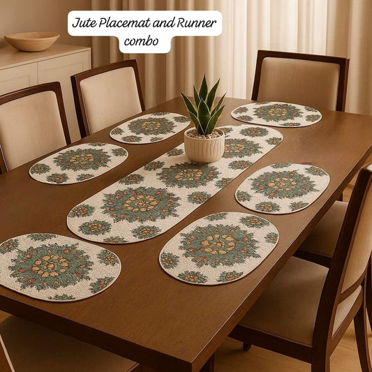 Table Mats Set of 6 with Table Runner - Non Slip, Heat Resistant, Jute Cotton Blend for Dining Room Decor