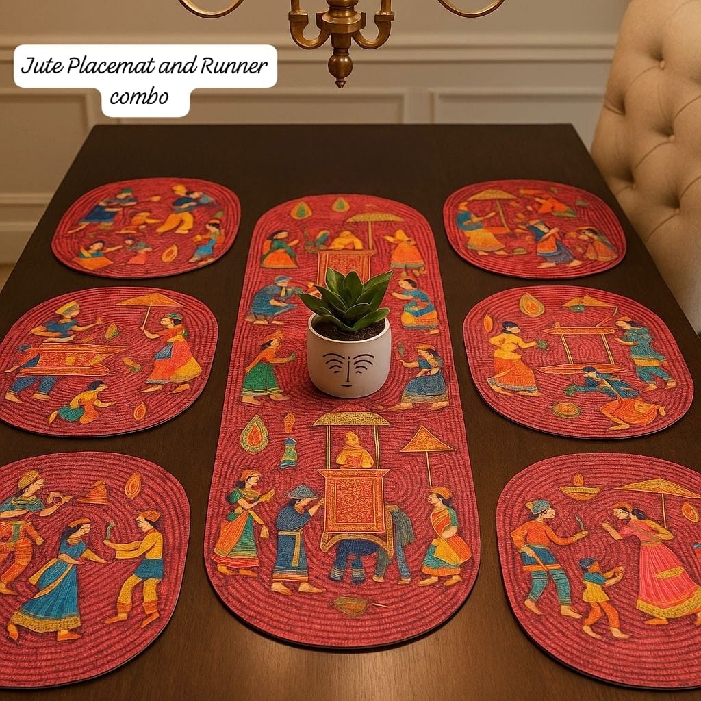 Table Mats Set of 6 with Table Runner - Non Slip, Heat Resistant, Jute Cotton Blend for Dining Room Decor (red Elephant)