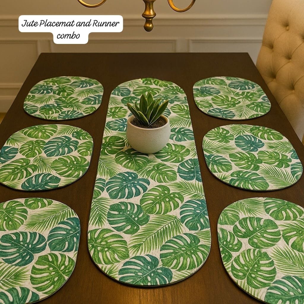 Table Mats Set of 6 with Table Runner - Non Slip, Heat Resistant, Jute Cotton Blend for Dining Room Decor (Green Leaf)