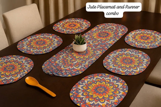 Table Mats Set of 6 with Table Runner - Non Slip, Heat Resistant, Jute Cotton Blend for Dining Room Decor