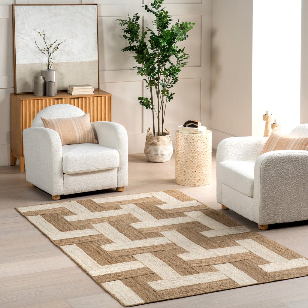 Florentina Geometric 4' x 6' Jute Area Rug for Dining Room Rug Neutral Rug Living Room Rug Kitchen, Natural/Ivory