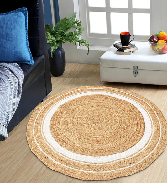 PATEL FABRICS : Handwoven Jute and White Cotton Round Carpet | Rug Area, Floormat | for Your Home, Bedroom & Office (Multi, (70 Cm, White)