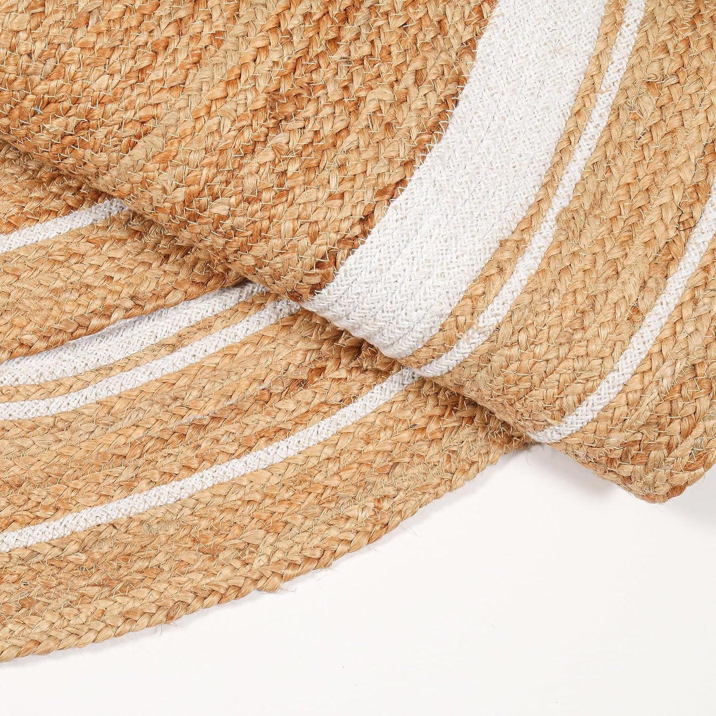 PATEL FABRICS : Handwoven Jute and White Cotton Round Carpet | Rug Area, Floormat | for Your Home, Bedroom & Office (Multi, (70 Cm, White)