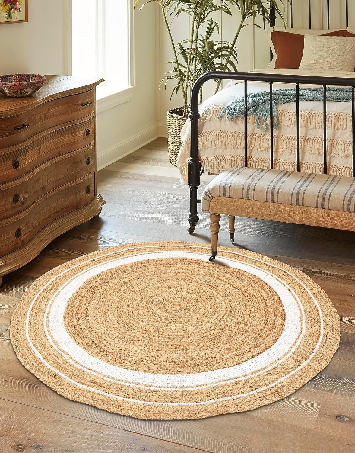 PATEL FABRICS : Handwoven Jute and White Cotton Round Carpet | Rug Area, Floormat | for Your Home, Bedroom & Office (Multi, (70 Cm, White)