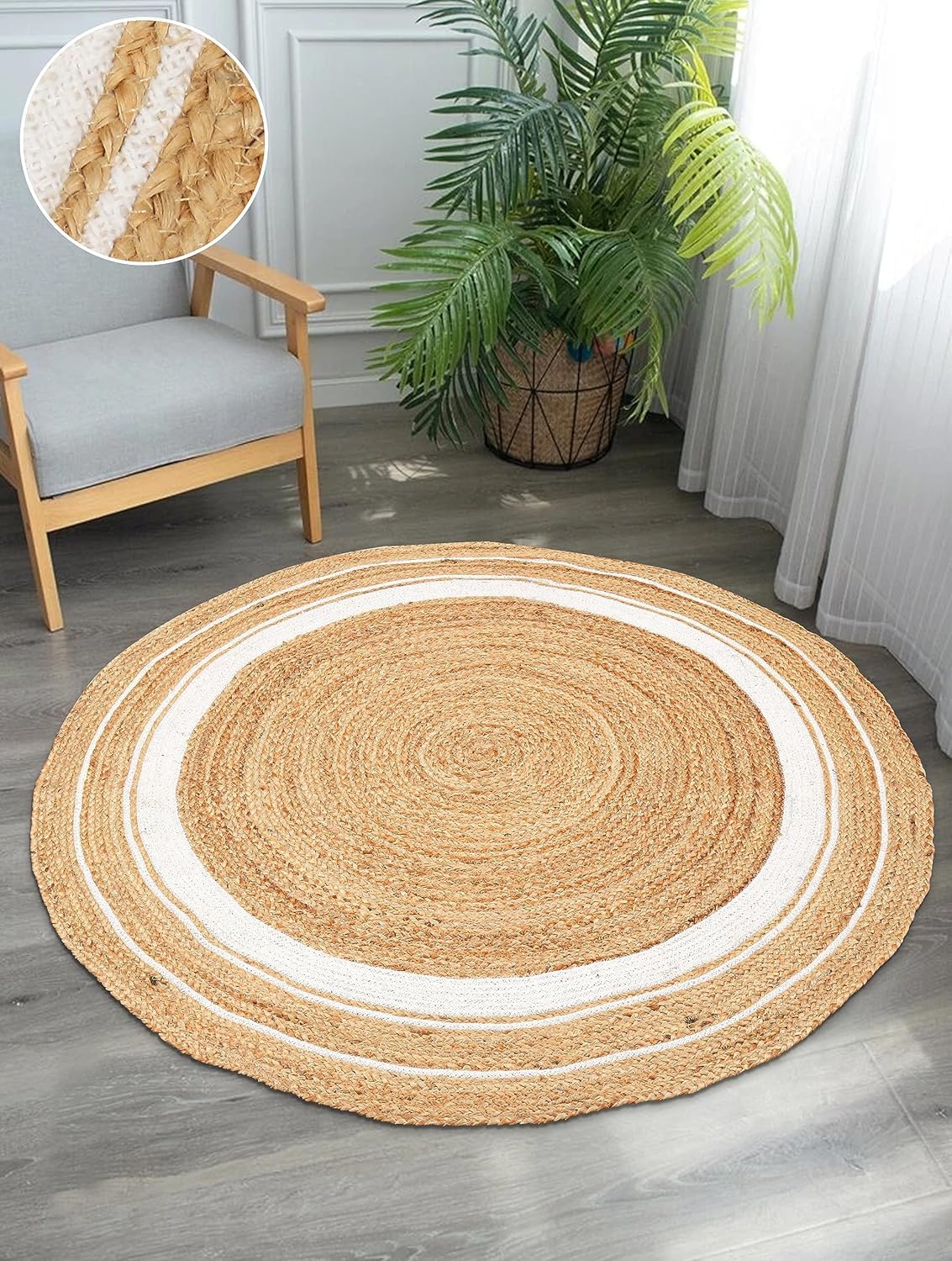 PATEL FABRICS : Handwoven Jute and White Cotton Round Carpet | Rug Area, Floormat | for Your Home, Bedroom & Office (Multi, (70 Cm, White)
