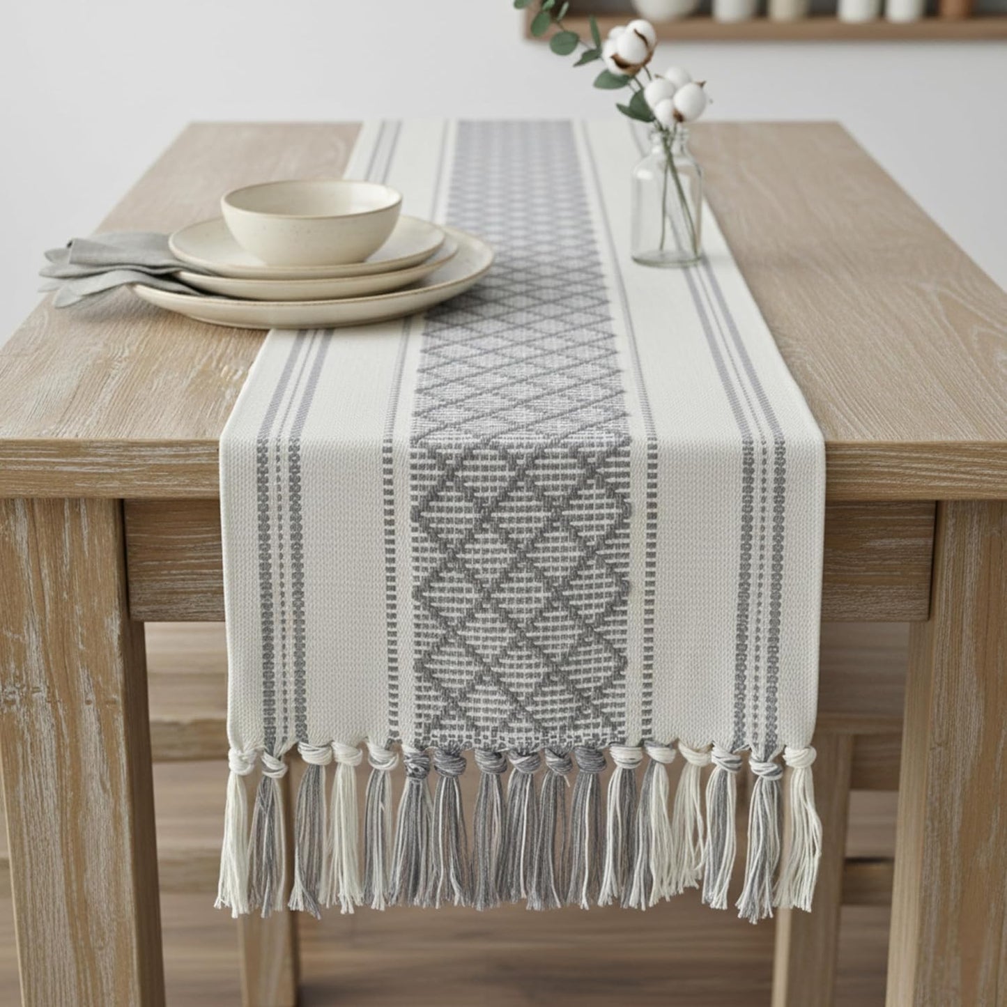 Grey Table Runner with Tassel 14x72 Inches Gray & Cream Checks Geometric Design , Woven Washable Heavy Dresser Scarf and Topper for Bedroom, Farmhouse Entry Console Table Cover Vintage Checkered Style