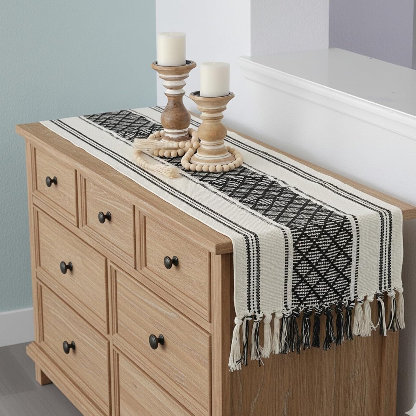 Table Runner with Tassel 16 x 72 Inches, Black & Cream Cotton Woven Washable Dresser Scarf Top Cover for Furniture Farmhouse Console Tabletop Centerpiece Decorations with Fringe.