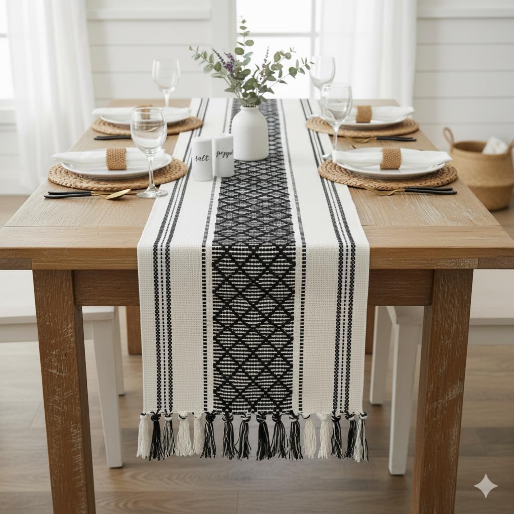 Table Runner with Tassel 16 x 72 Inches, Black & Cream Cotton Woven Washable Dresser Scarf Top Cover for Furniture Farmhouse Console Tabletop Centerpiece Decorations with Fringe.