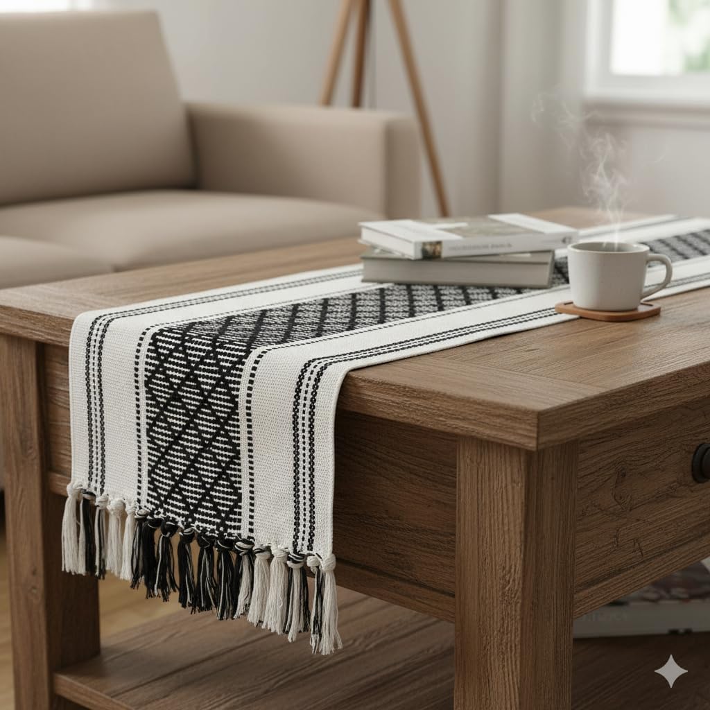 Table Runner with Tassel 16 x 72 Inches, Black & Cream Cotton Woven Washable Dresser Scarf Top Cover for Furniture Farmhouse Console Tabletop Centerpiece Decorations with Fringe.