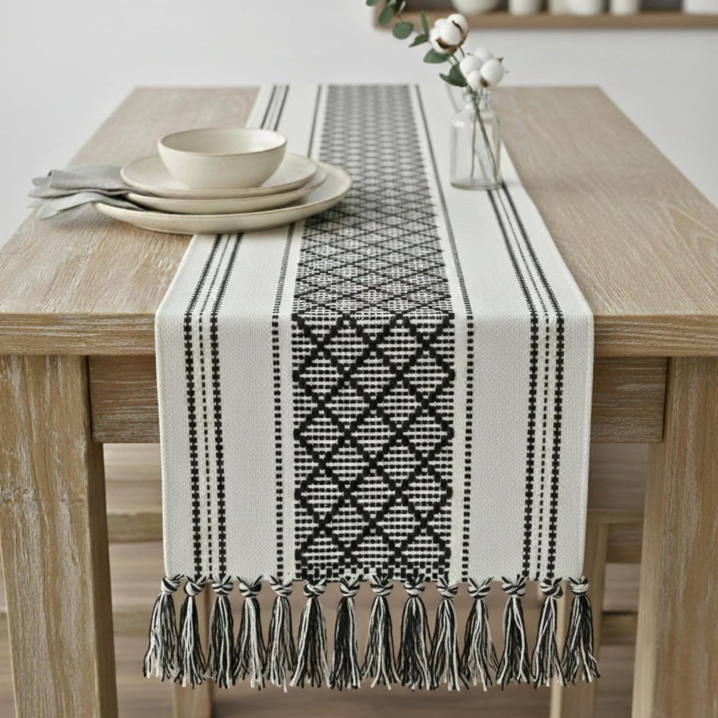 Table Runner with Tassel 16 x 72 Inches, Black & Cream Cotton Woven Washable Dresser Scarf Top Cover for Furniture Farmhouse Console Tabletop Centerpiece Decorations with Fringe.