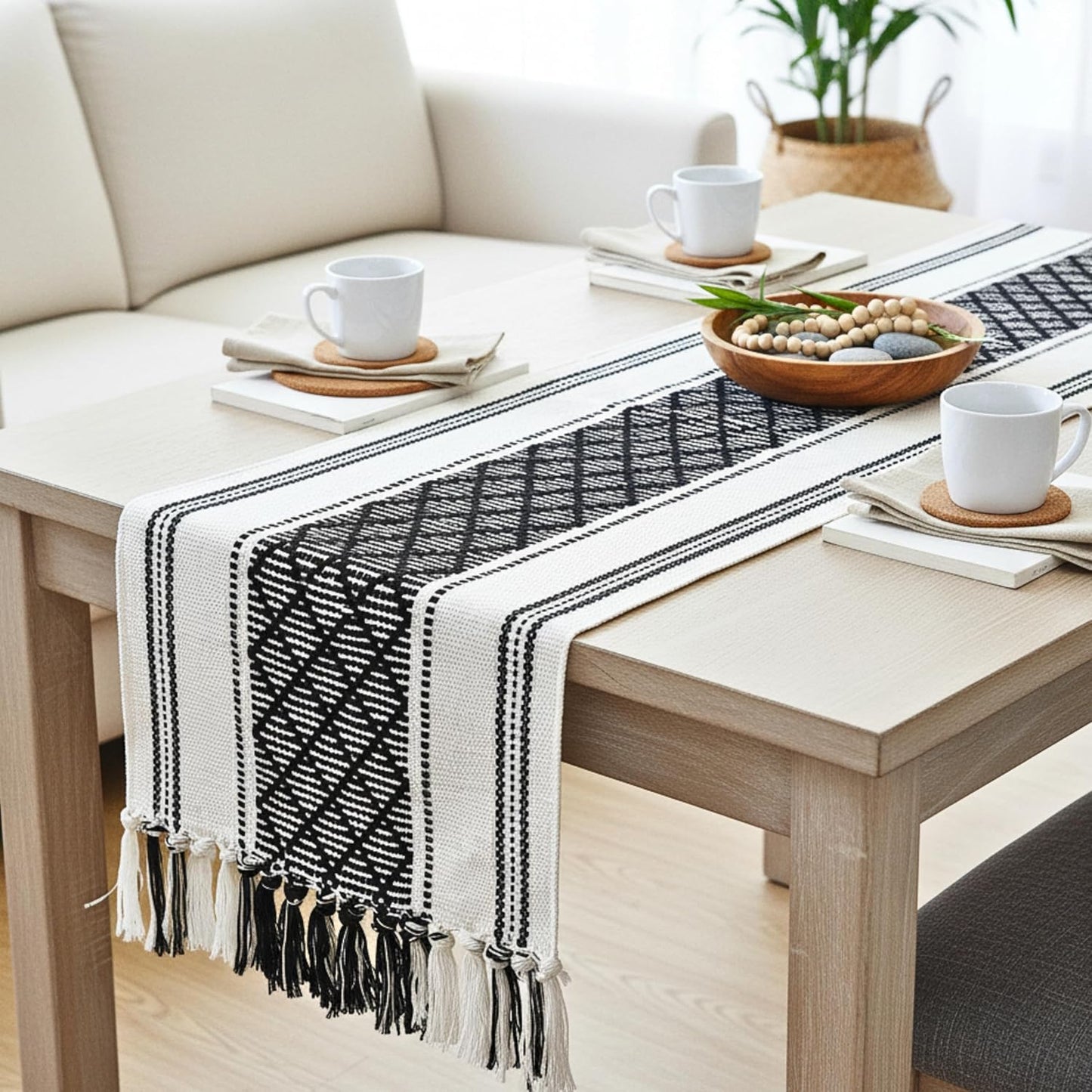 Table Runner with Tassel 16 x 72 Inches, Black & Cream Cotton Woven Washable Dresser Scarf Top Cover for Furniture Farmhouse Console Tabletop Centerpiece Decorations with Fringe.