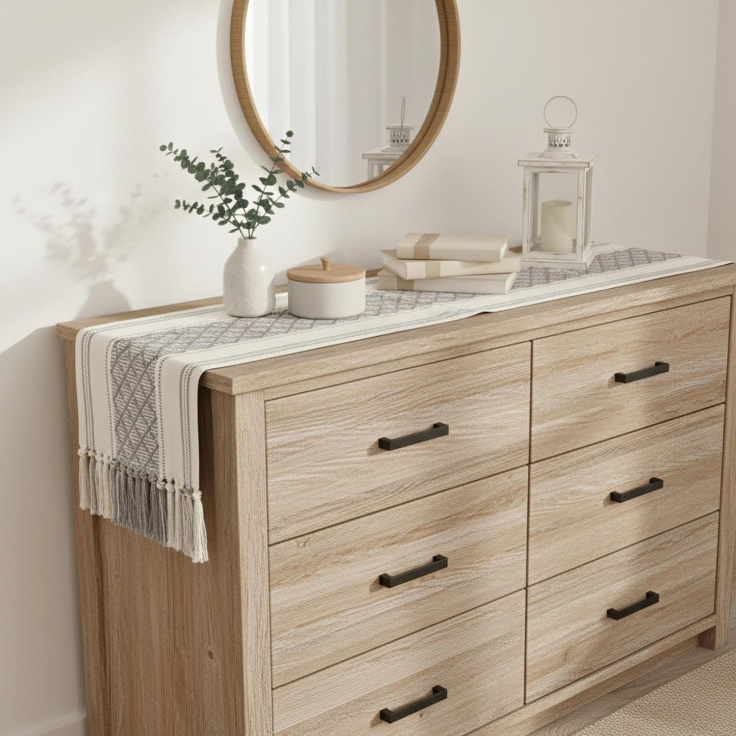 Grey Table Runner with Tassel 14x72 Inches Gray & Cream Checks Geometric Design , Woven Washable Heavy Dresser Scarf and Topper for Bedroom, Farmhouse Entry Console Table Cover Vintage Checkered Style