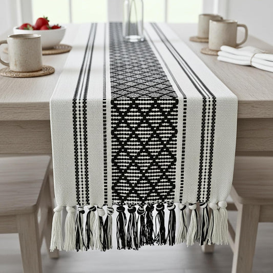 Table Runner with Tassel 16 x 72 Inches, Black & Cream Cotton Woven Washable Dresser Scarf Top Cover for Furniture Farmhouse Console Tabletop Centerpiece Decorations with Fringe.